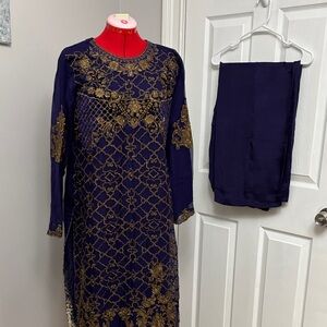 Navy Blue Embroidered Formal Dress with Gold Threadwork